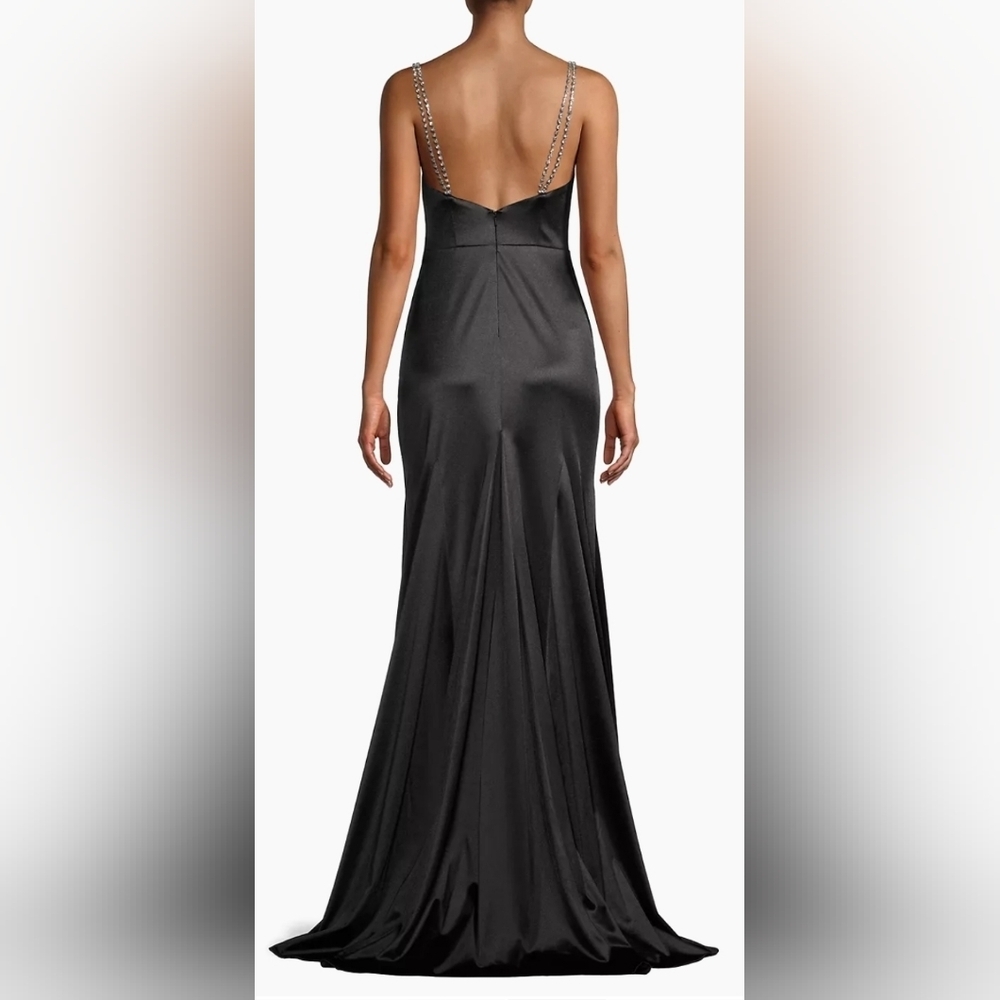 Mac Duggal Black Satin Gown with Embellished Straps - Picture 2 of 16